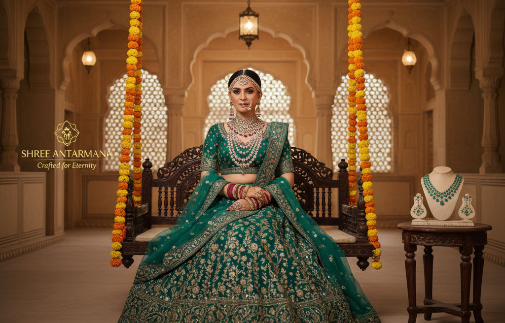 Bride in traditional emerald green lehenga with exquisite jewelry in royal palace setting